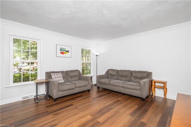 613 S Claypool Ct, Virginia Beach, VA 23464 - living room featuring dark wood-style floors, ornamental molding, and baseboards