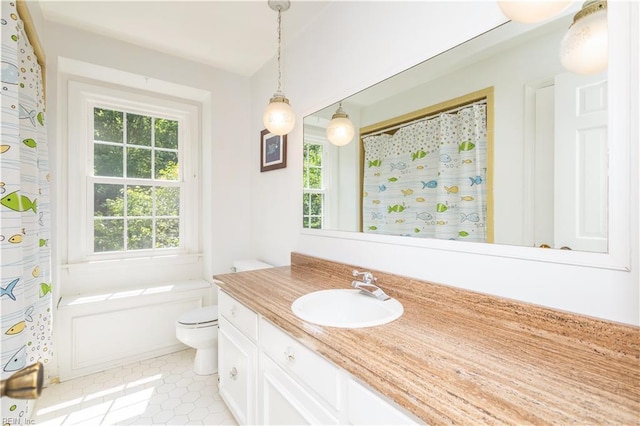 613 S Claypool Ct, Virginia Beach, VA 23464 - bathroom featuring vanity, toilet, a bathtub, tile patterned flooring, and a shower with curtain