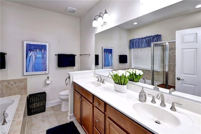 4108 Windmill Rd, Williamsburg, VA 23188 - bathroom featuring double vanity, a garden tub, toilet, tile patterned flooring, and a stall shower