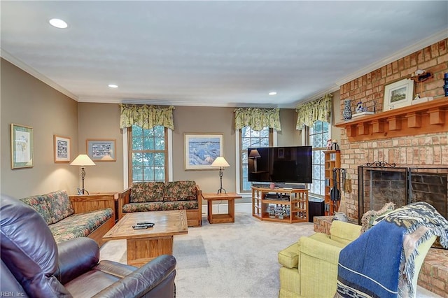 1204 Merrifield Lndg, Virginia Beach, VA 23464 - living area featuring carpet floors, a brick fireplace, crown molding, and recessed lighting