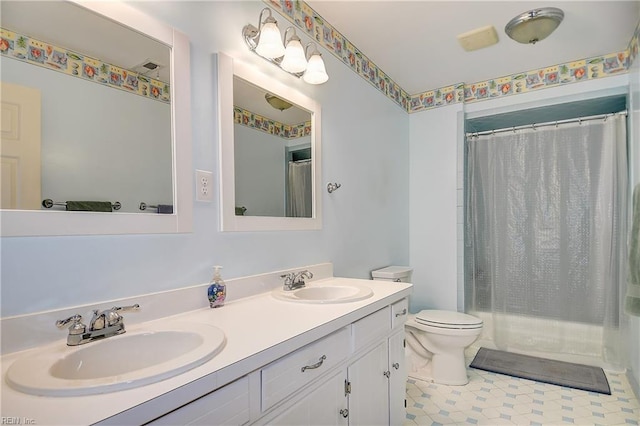 1204 Merrifield Lndg, Virginia Beach, VA 23464 - full bathroom featuring double vanity, toilet, shower / bathtub combination with curtain, and tile patterned flooring