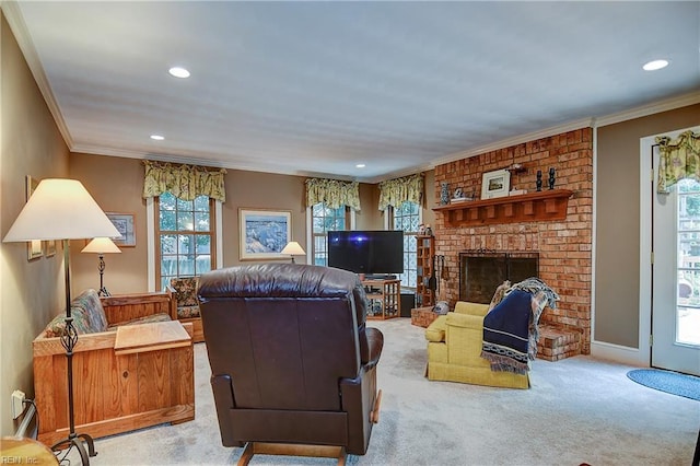 1204 Merrifield Lndg, Virginia Beach, VA 23464 - carpeted living room with recessed lighting, crown molding, and a brick fireplace