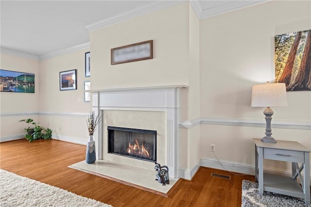 200 Congress Ave, Hampton, VA 23669 - living area featuring wood finished floors, a warm lit fireplace, ornamental molding, and baseboards