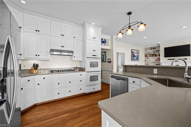 200 Congress Ave, Hampton, VA 23669 - kitchen featuring appliances with stainless steel finishes, a sink, under cabinet range hood, white cabinetry, and ornamental molding