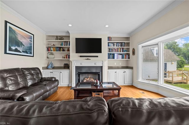 200 Congress Ave, Hampton, VA 23669 - living area featuring light wood finished floors, a warm lit fireplace, ornamental molding, and built in features