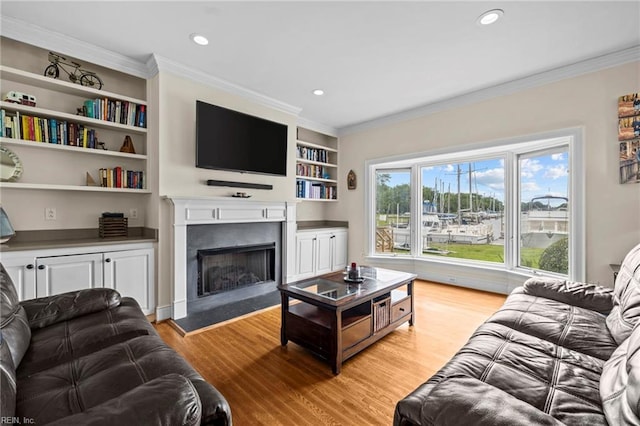 200 Congress Ave, Hampton, VA 23669 - living room featuring light wood-style flooring, crown molding, a fireplace, recessed lighting, and built in features