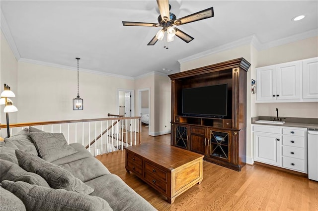 200 Congress Ave, Hampton, VA 23669 - living room with light wood-style flooring, a ceiling fan, bar with sink, ornamental molding, and recessed lighting