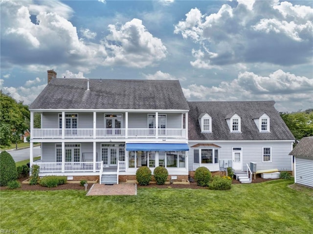 200 Congress Ave, Hampton, VA 23669 - rear view of property featuring french doors, a yard, a chimney, a porch, and roof with shingles