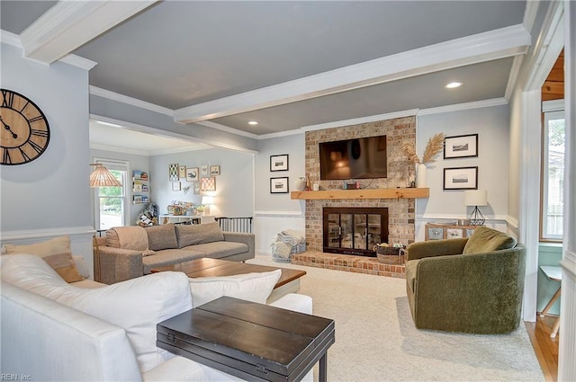 1005 Minden Rd, Virginia Beach, VA 23464 - living room with beamed ceiling, a wainscoted wall, healthy amount of natural light, a fireplace, and ornamental molding