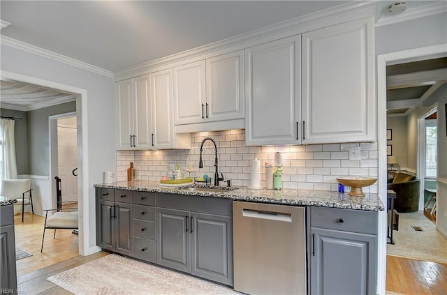 1005 Minden Rd, Virginia Beach, VA 23464 - kitchen with dishwasher, gray cabinetry, a sink, light wood-style flooring, and white cabinets