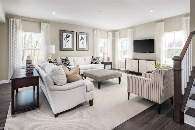 1512 Charlie St, Chesapeake, VA 23322 - living room featuring healthy amount of natural light, baseboards, stairs, recessed lighting, and wood finished floors