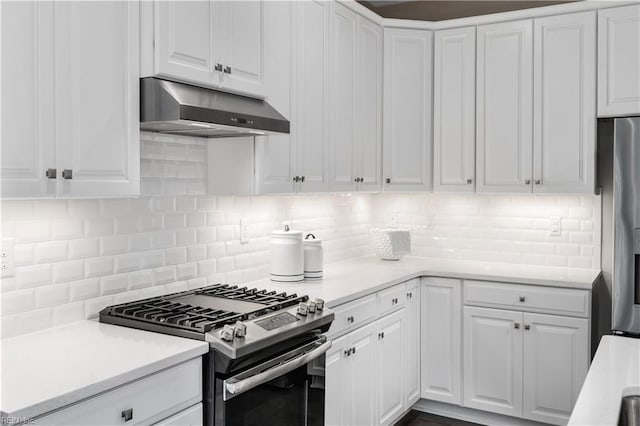 1513 Bogue St, Chesapeake, VA 23322 - kitchen featuring appliances with stainless steel finishes, range hood, white cabinetry, and decorative backsplash