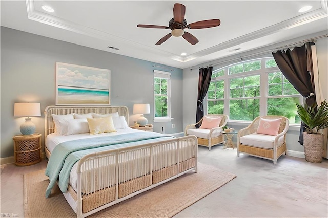 4437 Cherokee Dr, Suffolk, VA 23434 - bedroom featuring a raised ceiling, baseboards, recessed lighting, a ceiling fan, and ornamental molding