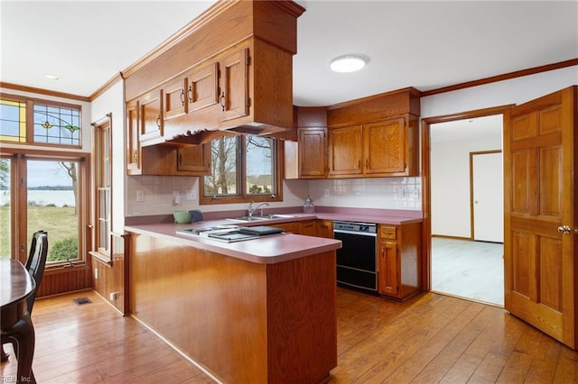 2543 Bridge Rd, Suffolk, VA 23435 - kitchen featuring dishwasher, a peninsula, crown molding, brown cabinetry, and light wood-type flooring