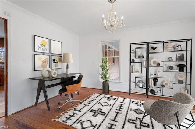 2543 Bridge Rd, Suffolk, VA 23435 - office with a chandelier, crown molding, wood finished floors, and baseboards
