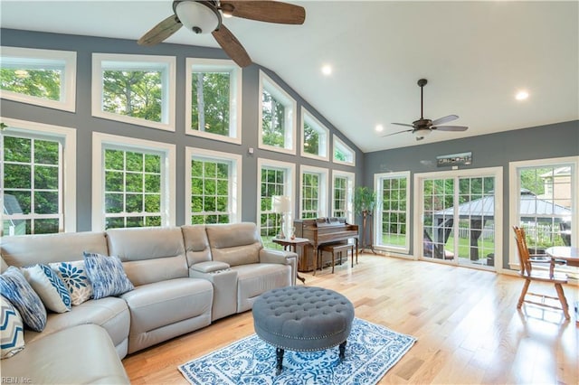 3512 Quail Holw, Williamsburg, VA 23185 - living area with a ceiling fan, high vaulted ceiling, light wood-style flooring, and recessed lighting