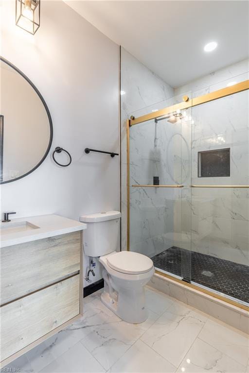 1943 Sycamore Ln, Norfolk, VA 23523 - bathroom with marble look tiles, vanity, toilet, and a marble finish shower
