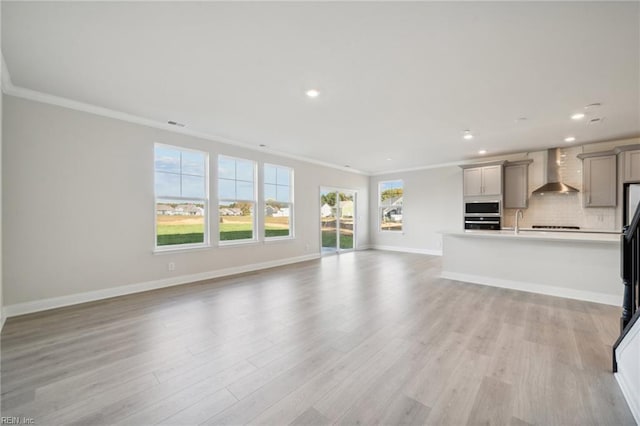 1232 Kidbrooke St, Chesapeake, VA 23322 - unfurnished living room with crown molding, light wood-style floors, recessed lighting, baseboards, and a sink