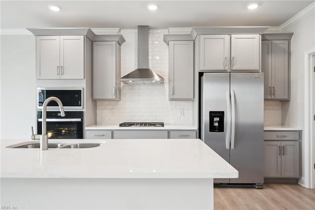 1232 Kidbrooke St, Chesapeake, VA 23322 - kitchen with stainless steel fridge, wall chimney exhaust hood, gray cabinets, a sink, and ornamental molding