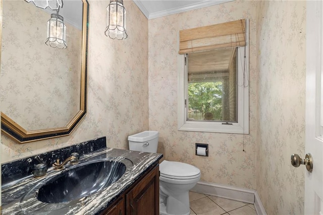 9 Hill Way, Carrollton, VA 23314 - bathroom with tile patterned floors, toilet, vanity, baseboards, and crown molding