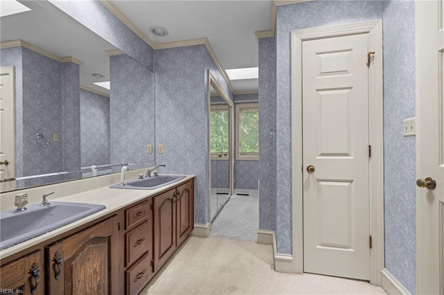 9 Hill Way, Carrollton, VA 23314 - full bathroom with double vanity, wallpapered walls, ornamental molding, and baseboards