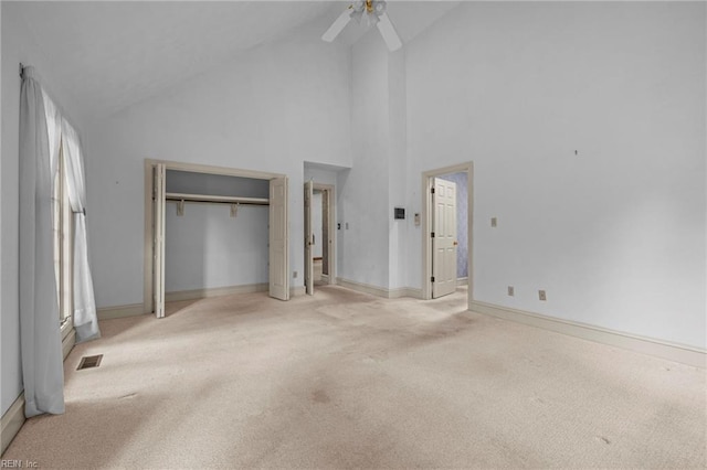 9 Hill Way, Carrollton, VA 23314 - unfurnished bedroom with carpet floors, high vaulted ceiling, ceiling fan, baseboards, and a closet