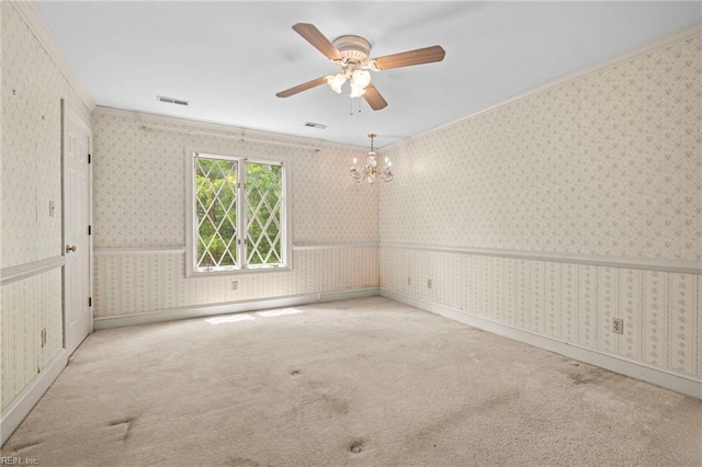 9 Hill Way, Carrollton, VA 23314 - carpeted spare room featuring ceiling fan, ornamental molding, a chandelier, wallpapered walls, and baseboards