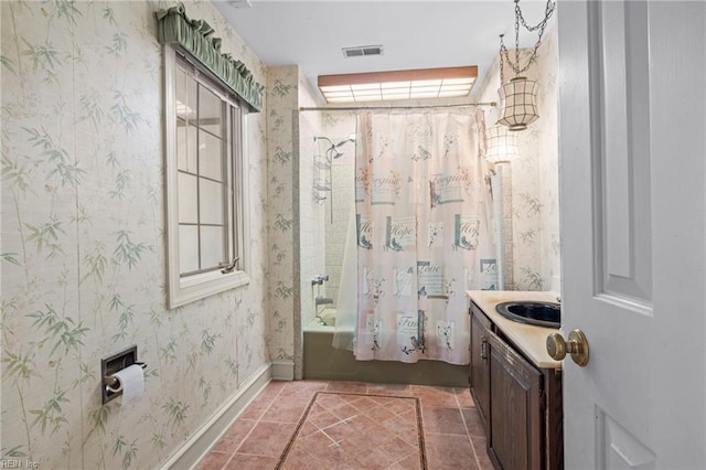 9 Hill Way, Carrollton, VA 23314 - full bath with shower / bath combination with curtain, vanity, wallpapered walls, and tile patterned floors
