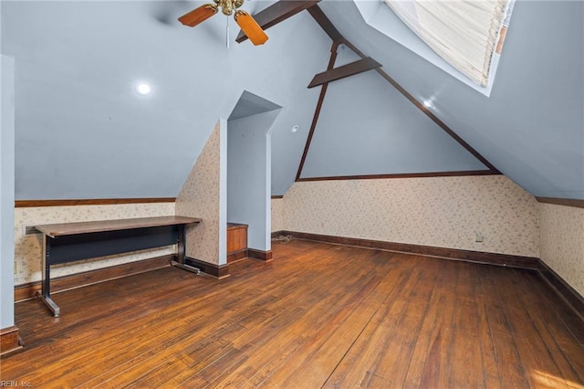 9 Hill Way, Carrollton, VA 23314 - additional living space featuring wallpapered walls, hardwood / wood-style flooring, lofted ceiling, a ceiling fan, and a skylight