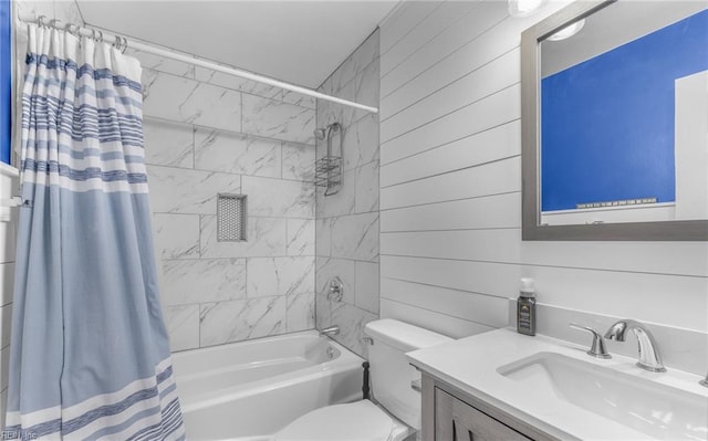 2012 Damascus Ct, Virginia Beach, VA 23453 - bathroom featuring shower / bath combo, vanity, toilet, and wood walls