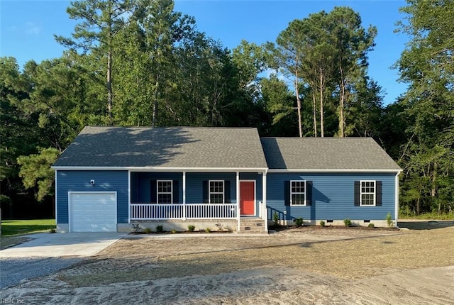 7228 Gates Rd, Suffolk, VA 23437 - view of front of property featuring covered porch, a garage, concrete driveway, crawl space, and a shingled roof