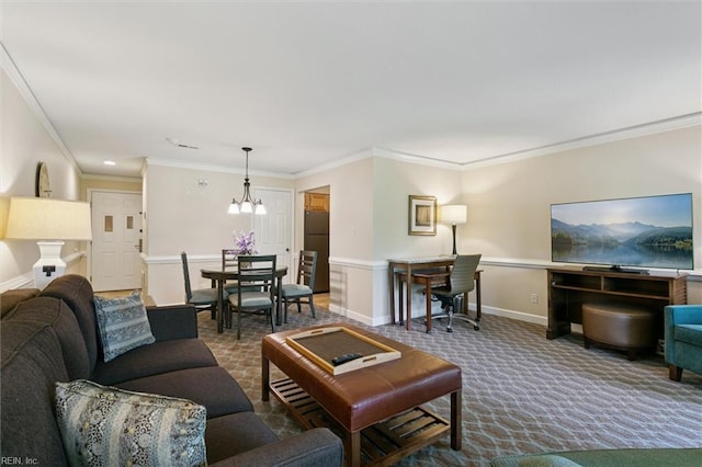 113 Pelhams Ordinary, Williamsburg, VA 23185 - living room with carpet, crown molding, a chandelier, and baseboards
