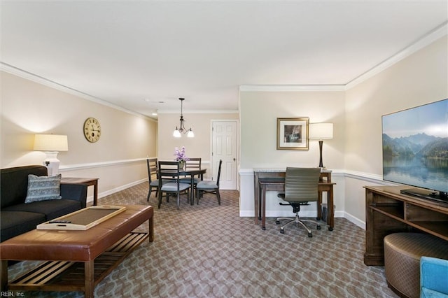 113 Pelhams Ordinary, Williamsburg, VA 23185 - carpeted office with crown molding, a chandelier, and baseboards