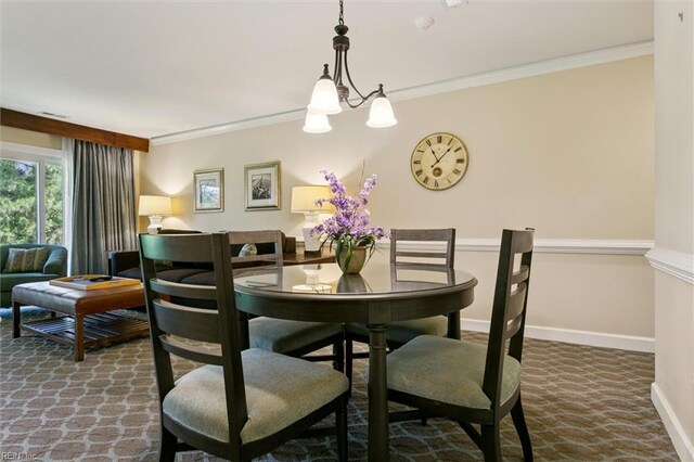 113 Pelhams Ordinary, Williamsburg, VA 23185 - dining room with carpet, ornamental molding, baseboards, and a chandelier