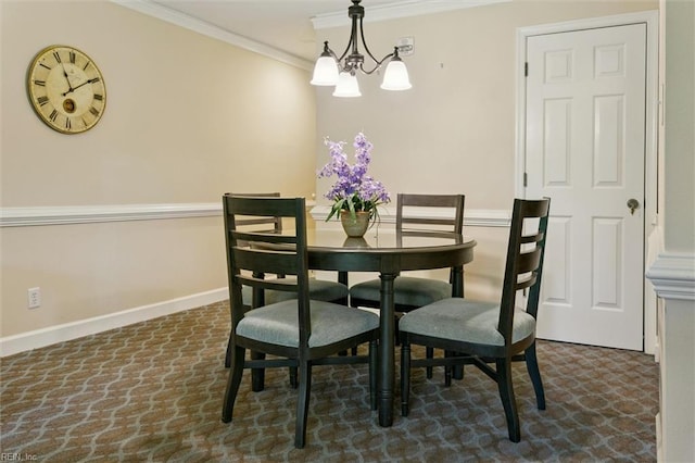 113 Pelhams Ordinary, Williamsburg, VA 23185 - dining area featuring crown molding, a chandelier, baseboards, and dark carpet