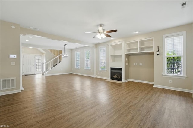 460 Blue Beech Way Unit 963, Chesapeake, VA 23320 - unfurnished living room featuring ceiling fan, wood finished floors, baseboards, a fireplace with flush hearth, and recessed lighting