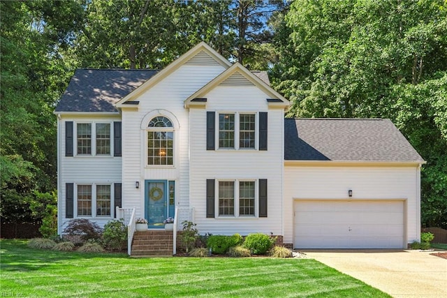 3017 Cedar Run, Williamsburg, VA 23185 - view of front facade featuring concrete driveway, a garage, a front lawn, and roof with shingles