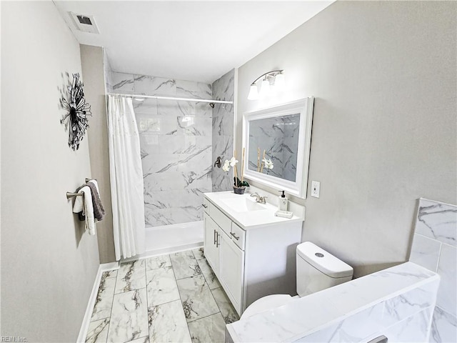 865 Kings Arms Dr, Virginia Beach, VA 23452 - full bath with marble look tiles, vanity, toilet, a shower with curtain, and baseboards