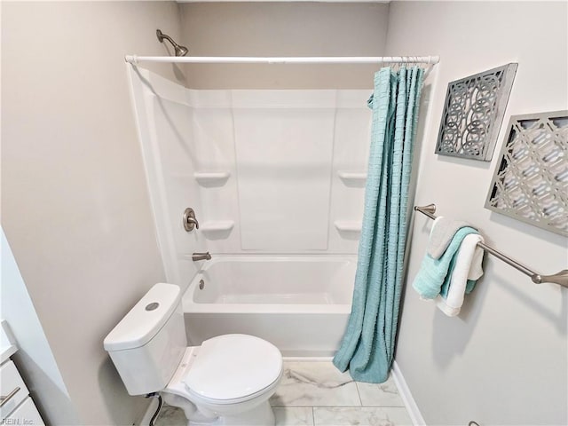 865 Kings Arms Dr, Virginia Beach, VA 23452 - bathroom with shower / tub combo, toilet, marble finish floors, baseboards, and vanity