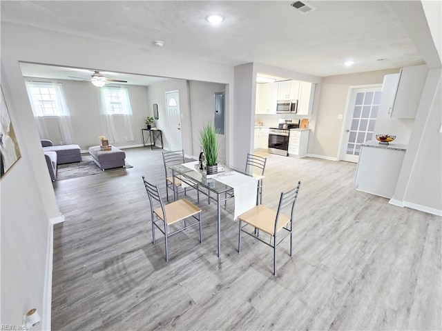865 Kings Arms Dr, Virginia Beach, VA 23452 - dining area with light wood-style floors, baseboards, a ceiling fan, and recessed lighting