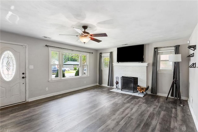 2811 Mapleton Ave, Norfolk, VA 23504 - unfurnished living room with a ceiling fan, wood finished floors, baseboards, and a fireplace