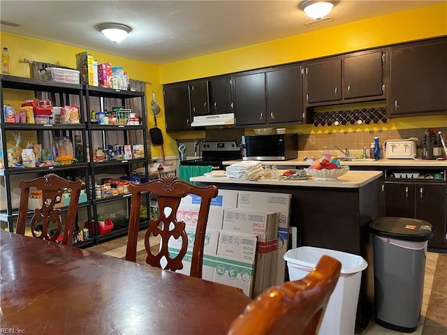 5232 Richard Rd, Virginia Beach, VA 23462 - kitchen with under cabinet range hood, electric range oven, backsplash, light countertops, and a sink