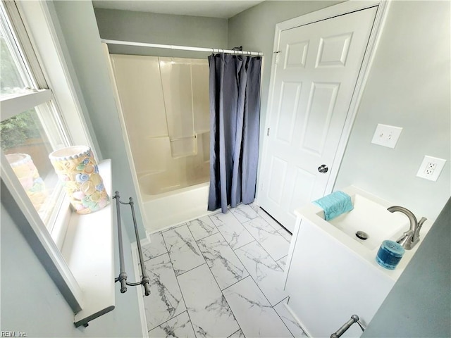 619 City Park Ave, Portsmouth, VA 23701 - full bathroom with marble look tile flooring, shower / bath combination with curtain, and vanity