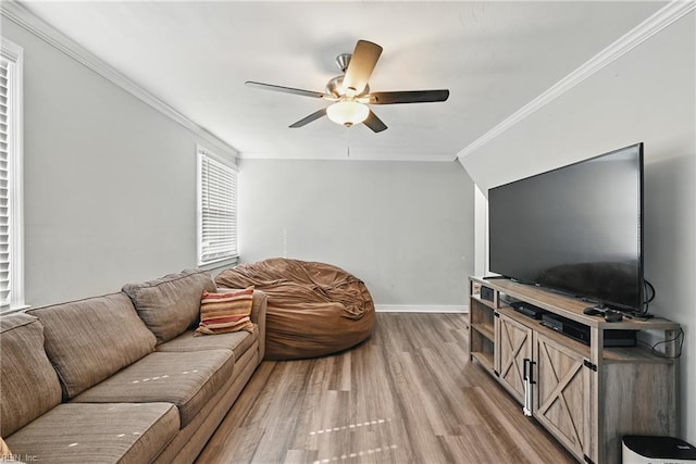 619 City Park Ave, Portsmouth, VA 23701 - living room featuring ornamental molding, wood finished floors, ceiling fan, and baseboards