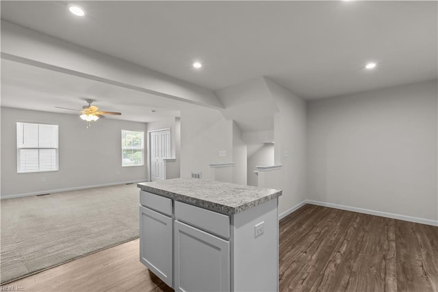 1102 Lakeview Cv, Smithfield, VA 23430 - kitchen featuring a center island, baseboards, a ceiling fan, open floor plan, and recessed lighting