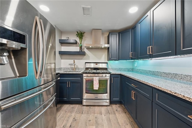 2007 Neville Cir, Hampton, VA 23663 - kitchen with stainless steel appliances, wall chimney exhaust hood, a sink, open shelves, and light wood-style floors