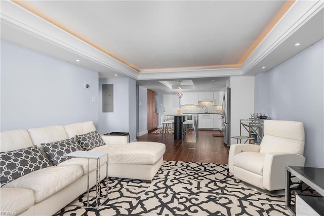 2830 Shore Dr Unit 1006, Virginia Beach, VA 23451 - living room with dark wood-style flooring, a tray ceiling, electric panel, baseboards, and recessed lighting