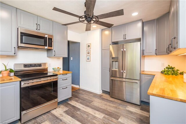 708 Houdon Ln, Virginia Beach, VA 23455 - kitchen featuring appliances with stainless steel finishes, gray cabinetry, wooden counters, a ceiling fan, and wood finished floors