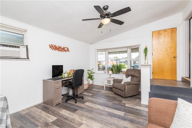 708 Houdon Ln, Virginia Beach, VA 23455 - home office featuring lofted ceiling, wood finished floors, baseboards, ceiling fan, and cooling unit