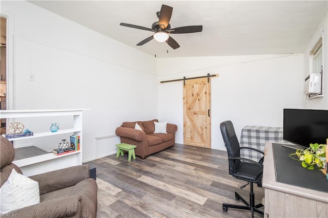 708 Houdon Ln, Virginia Beach, VA 23455 - office area featuring wood finished floors, a barn door, and ceiling fan